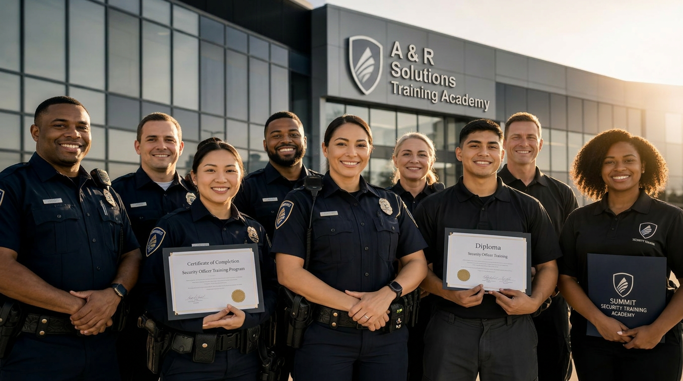 Diverse group of licensed security guards celebrating graduation at a modern training facility